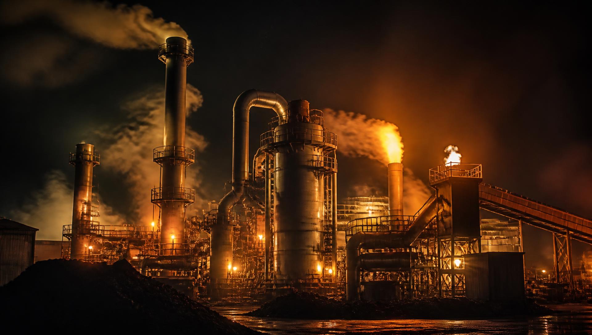 Large industrial energy plant lit at night