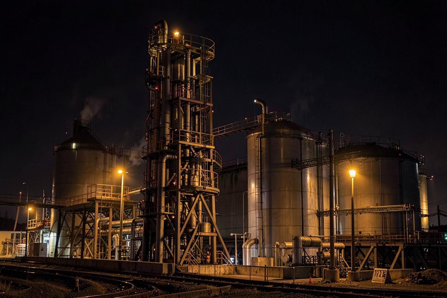 Fuel storage tanks and process piping at dusk