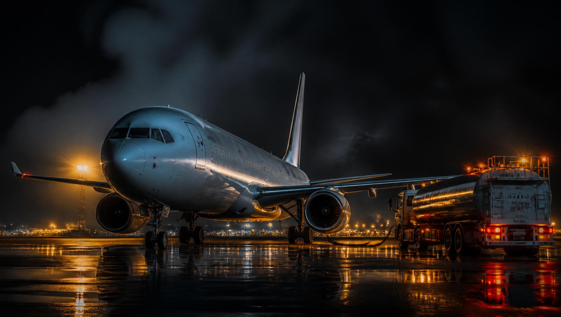 Aircraft on a runway at night